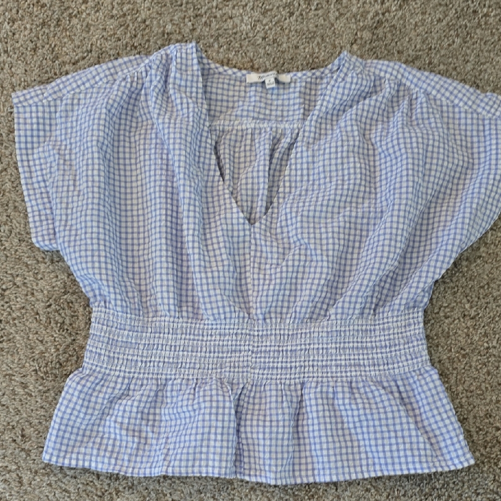 Light Blue and White Gingham Smocked Waist Women's Top